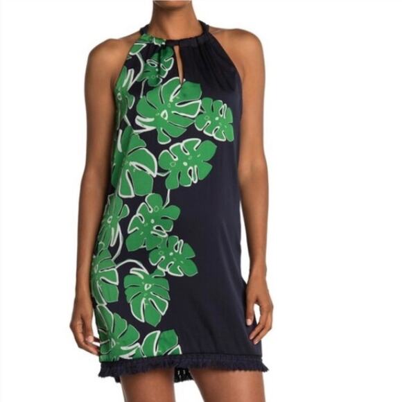 Trina Turk Hot Leaf Printed Halter Mini Dress Size 0 Navy Blue and Green - Picture 3 of 14
